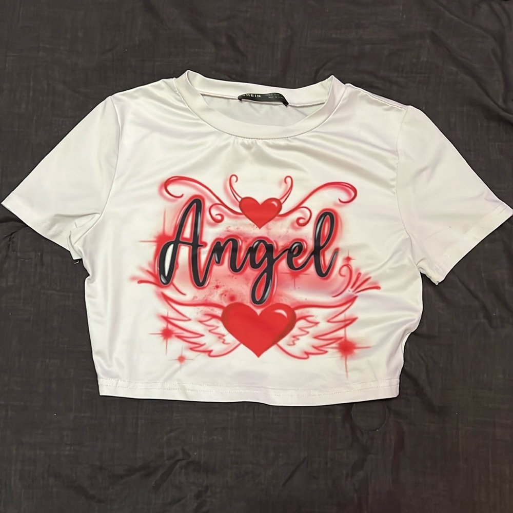 Small White Shein Crop Top With Red Design